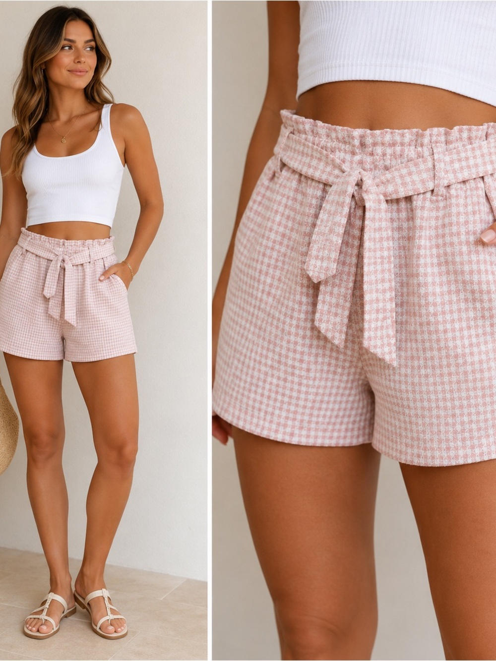 Showpo Pink Houndstooth Paperbag Waist Shorts with Tie Belt